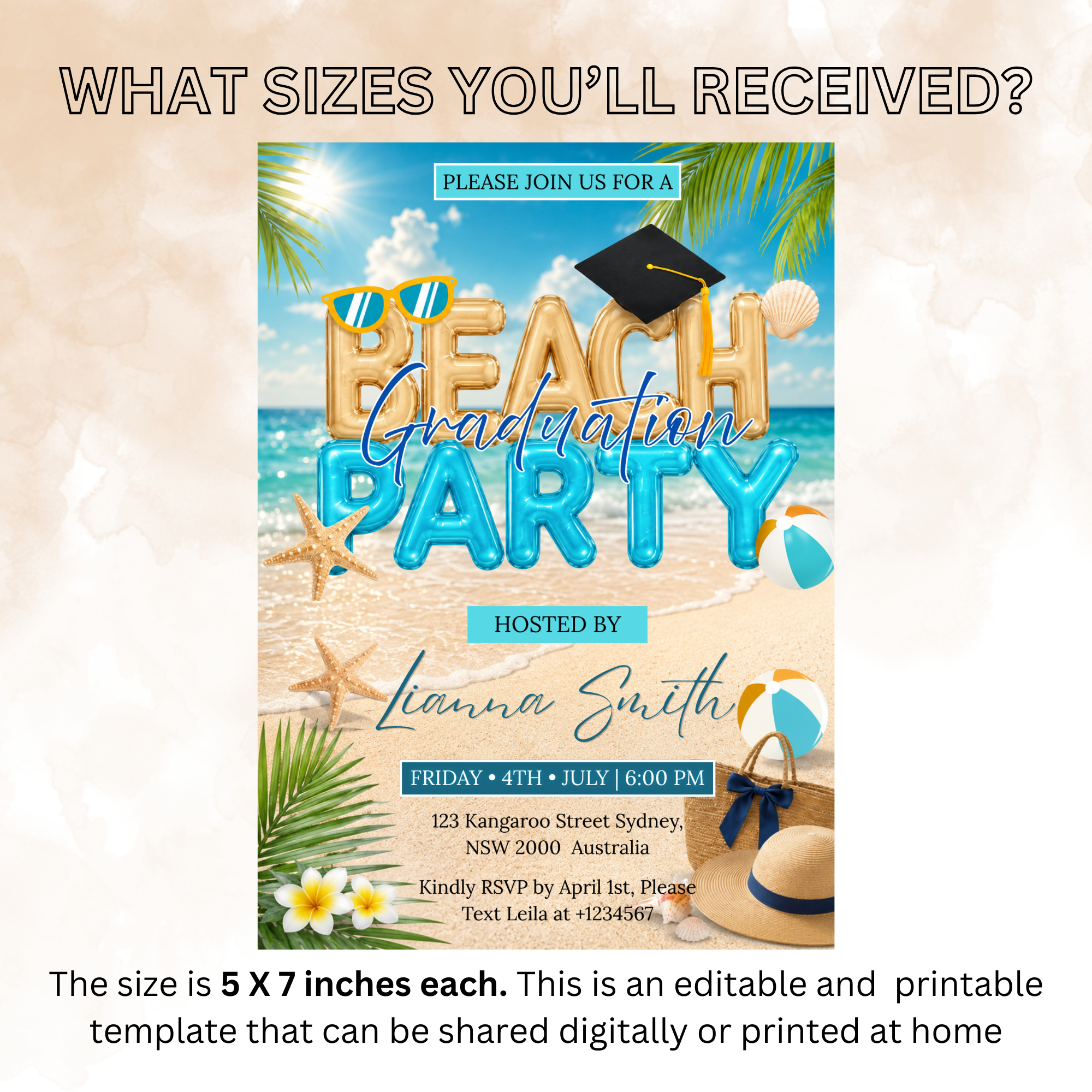 Graduation Beach Party Invitation, High School College Summer Tropical Grad Invite for Him and Her, Printable Editable Canva Template