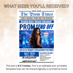 Newspaper Prom Send Off Invitation, Prom Queen with photo invite, Teen Boy Prom Night Party Flyer, Blue Prom Card Digital Printable Template