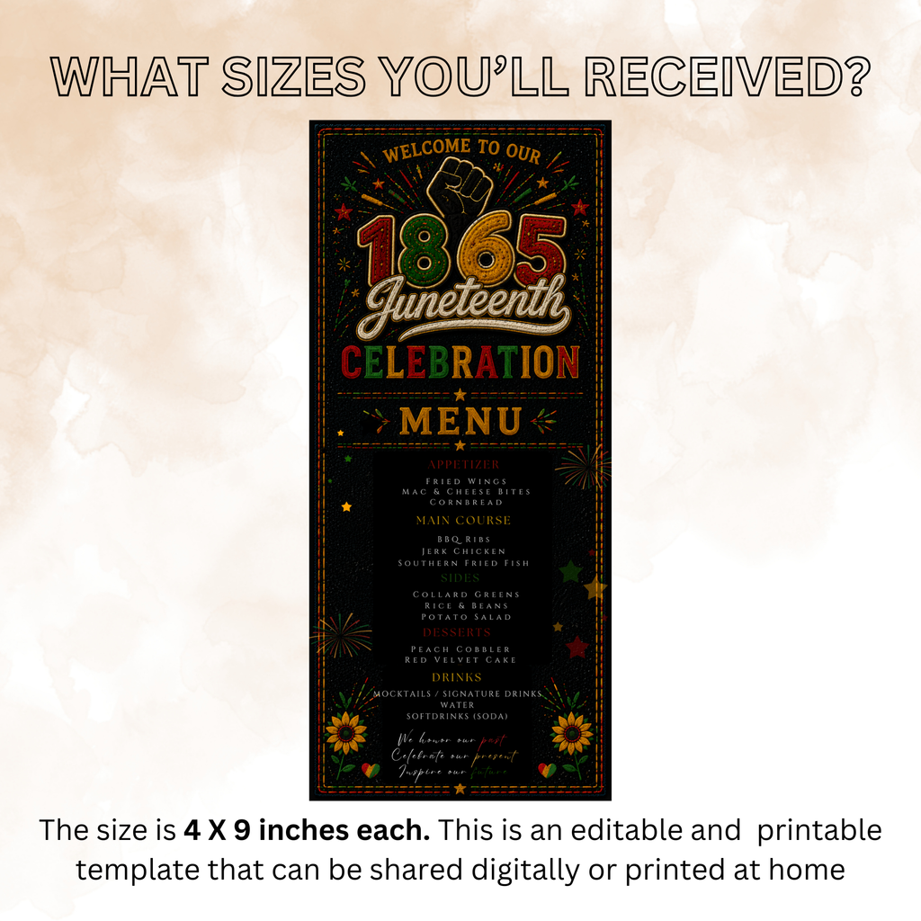 Juneteenth Party Menu Template, June 19th Emancipation Day Black Freedom Celebration, 1865 Dinner Menu Card, Bbq Cookout Printable Menu