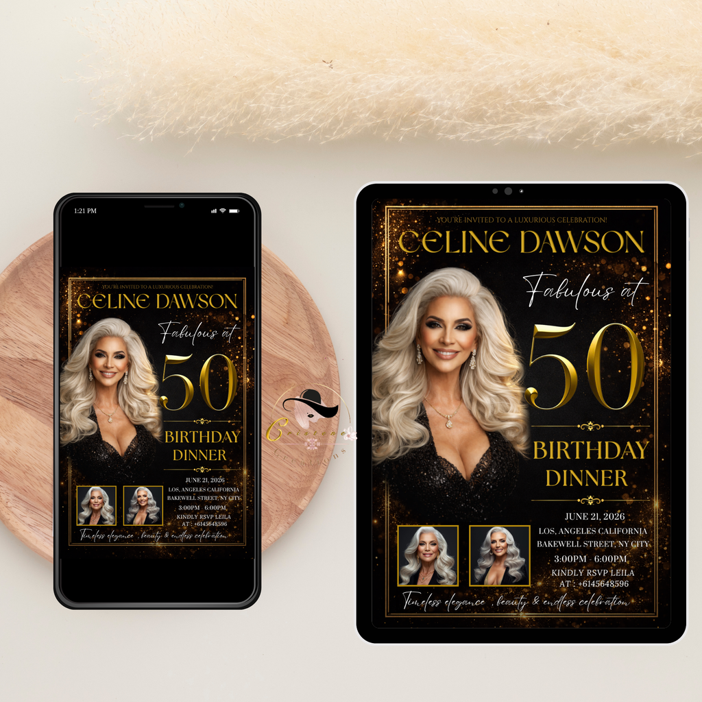 50th Birthday Invitation for Man and Woman, Black and Gold 50 and Fabulous Invite, Dinner Brunch Party Invite, Editable Canva Template