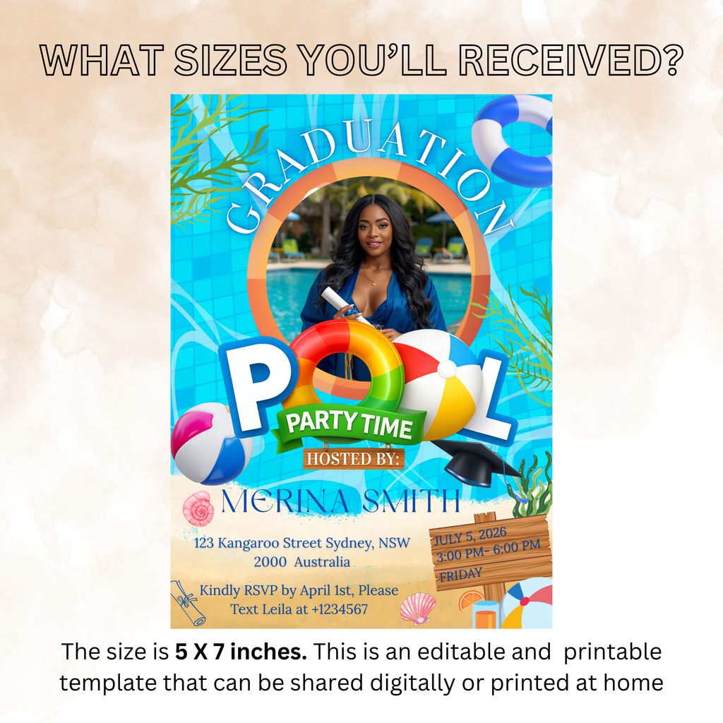 Graduation Pool Party Invitation with Photo, Senior High School College Grad Party Invite for Him and Her Class 2026 Editable Canva Template