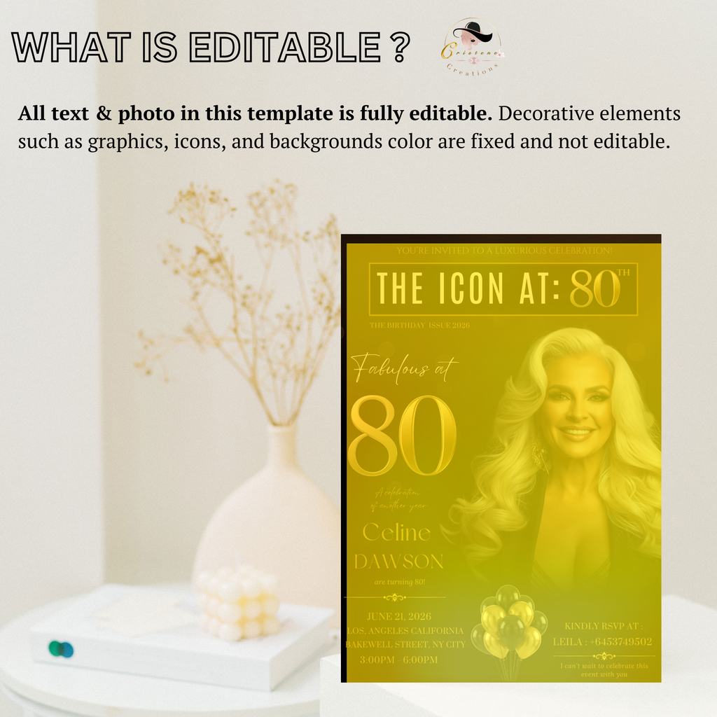 Black Gold 80th Birthday Invitation, 80 and Fabulous with photo Invite, Elegant Birthday Party Dinner Brunch, Digital Printable Template