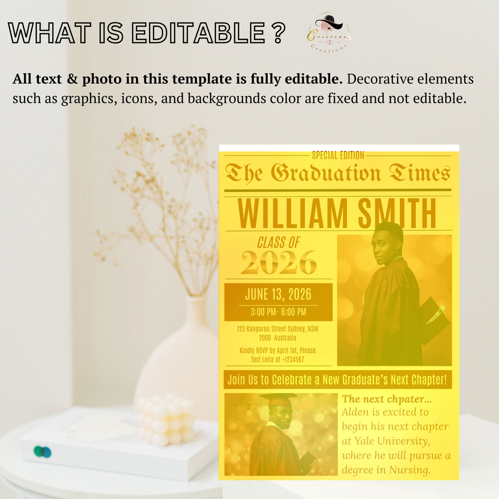 Newspaper Graduation Invitation with Photo, Senior High School Grad Invite for Boy and Girl, Class of 2026, Red Maroon Canva Template