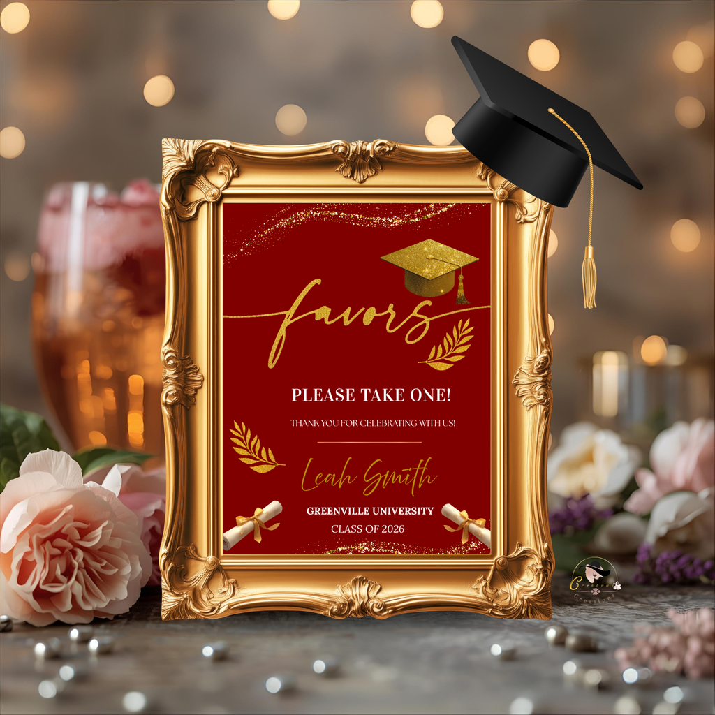 Graduation Favor Sign Template, Red Gold Grad Table Sign, Class of 2026 Party Favors Sign, High School Party Sign, Digital Printable Canva
