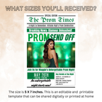Green Newspaper Prom Send Off Invitation, Prom Queen with photo invite, Teen Boy Prom Night Party Flyer Card, Digital Printable Template
