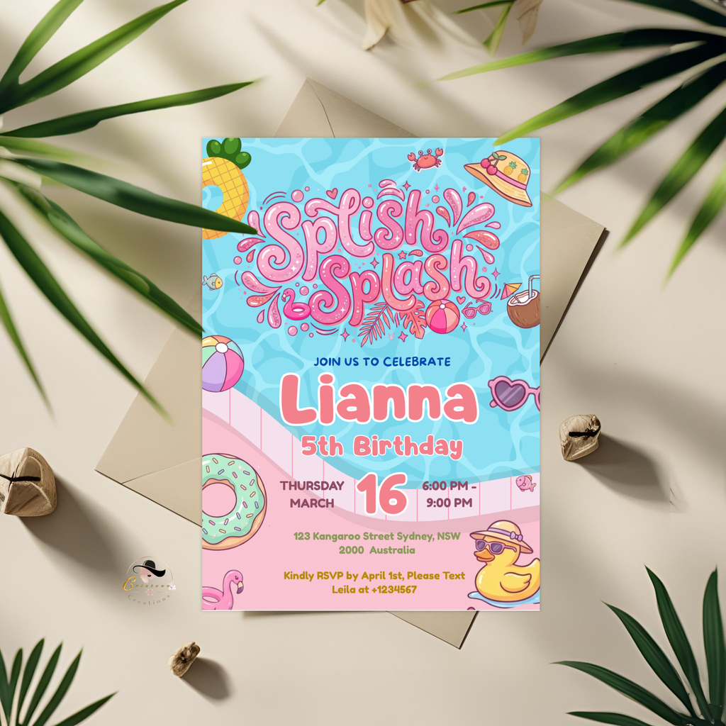 Pool Birthday Party Invitation for Girl, Splish Splash Invite, Summer Beach Kids Invite, Tropical Aloha Luau Invite, Printable Template