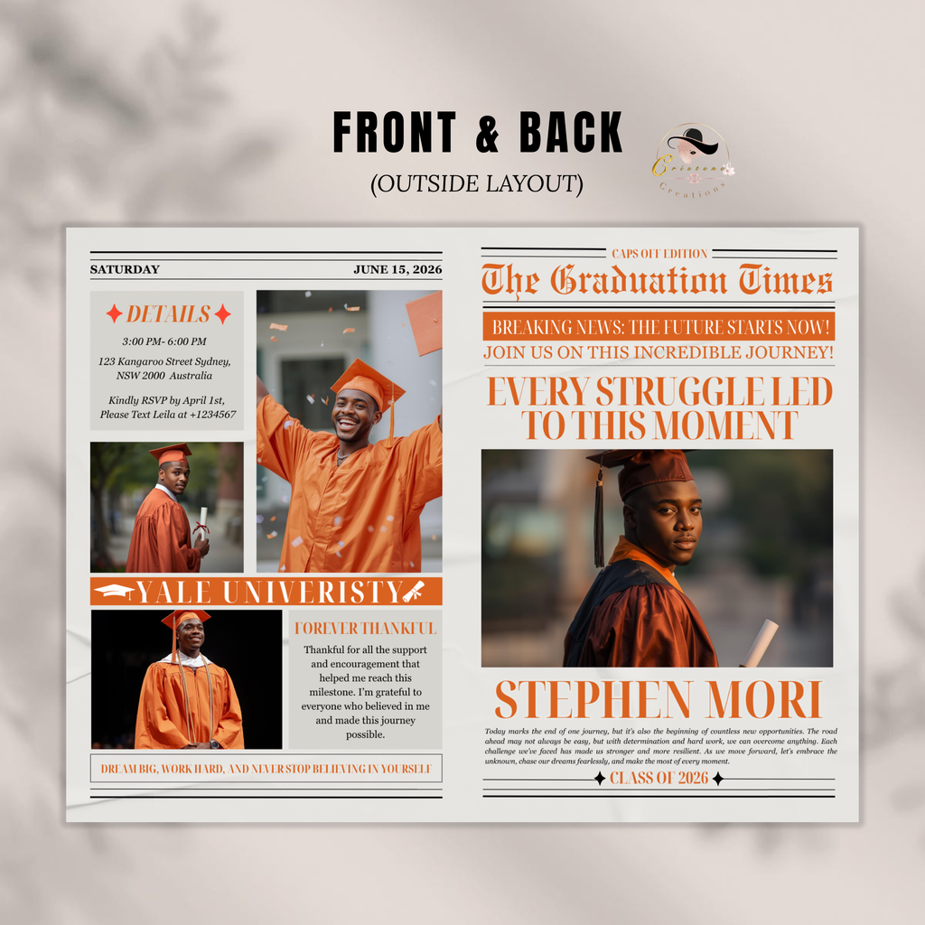 Orange Graduation Announcement Newspaper Template with Photo, Class of 2026 Grad Party for Boys and Girls, Editable Canva Digital Printable