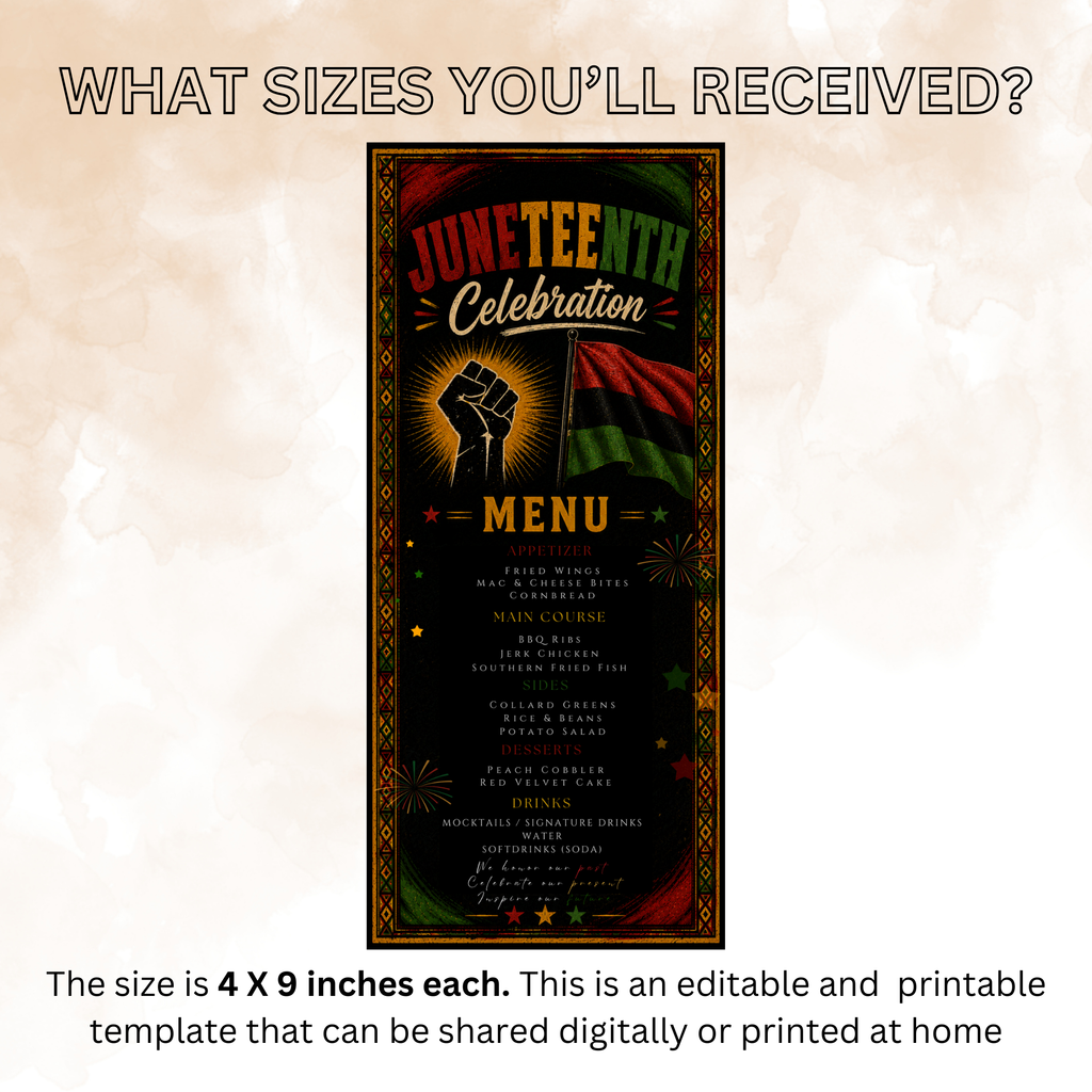 Juneteenth Menu Template, June 19th Black Freedom Day BBQ Cookout Party Menu, Jubilee Day Menu Card, Printable Digital Canva Template
