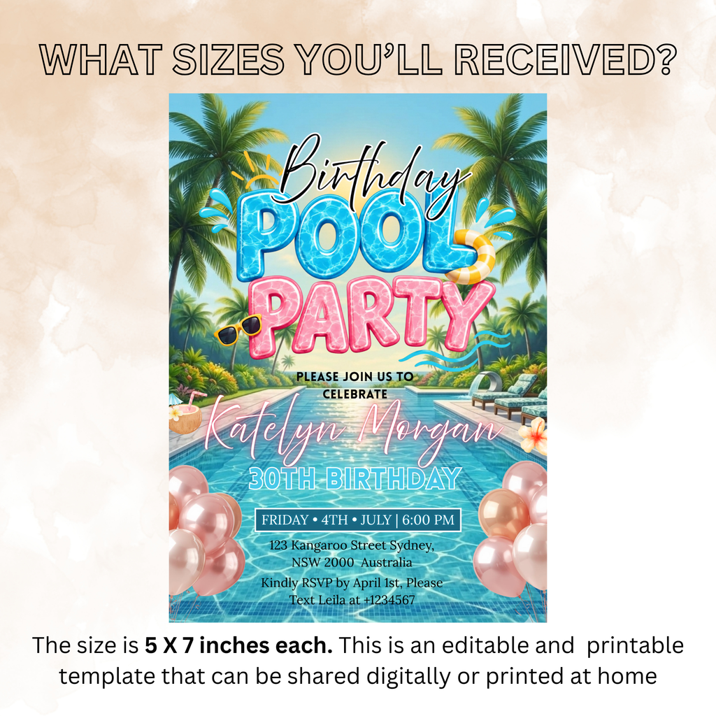 Birthday Pool Party Invitation, Summer Tropical Aloha Luau Adult Birthday Invite, Hawaiian Invite, Editable Printable Canva Digital Template
