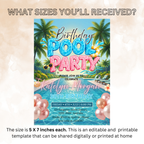 Birthday Pool Party Invitation, Summer Tropical Aloha Luau Adult Birthday Invite, Hawaiian Invite, Editable Printable Canva Digital Template