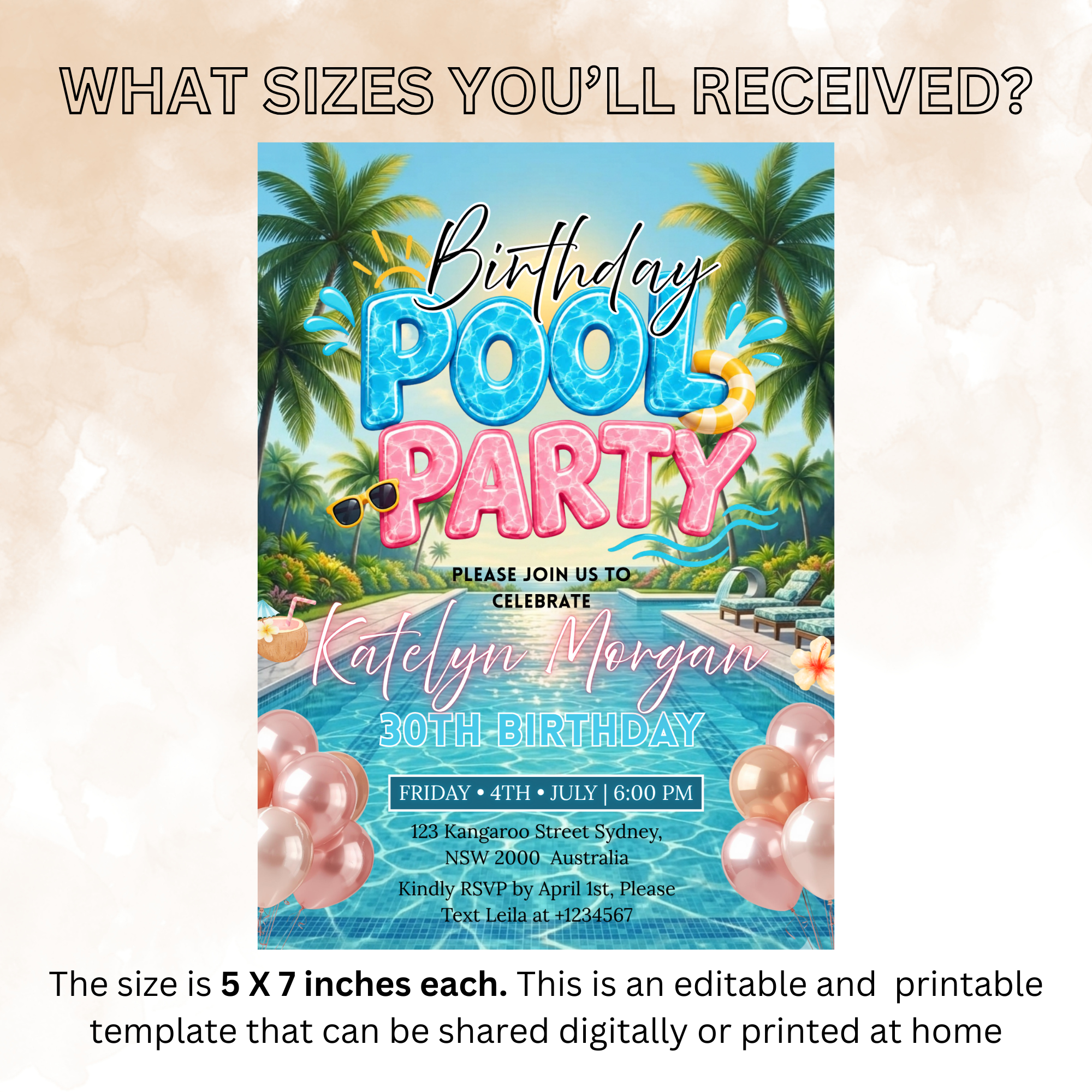 Birthday Pool Party Invitation, Summer Tropical Aloha Luau Adult Birthday Invite, Hawaiian Invite, Editable Printable Canva Digital Template