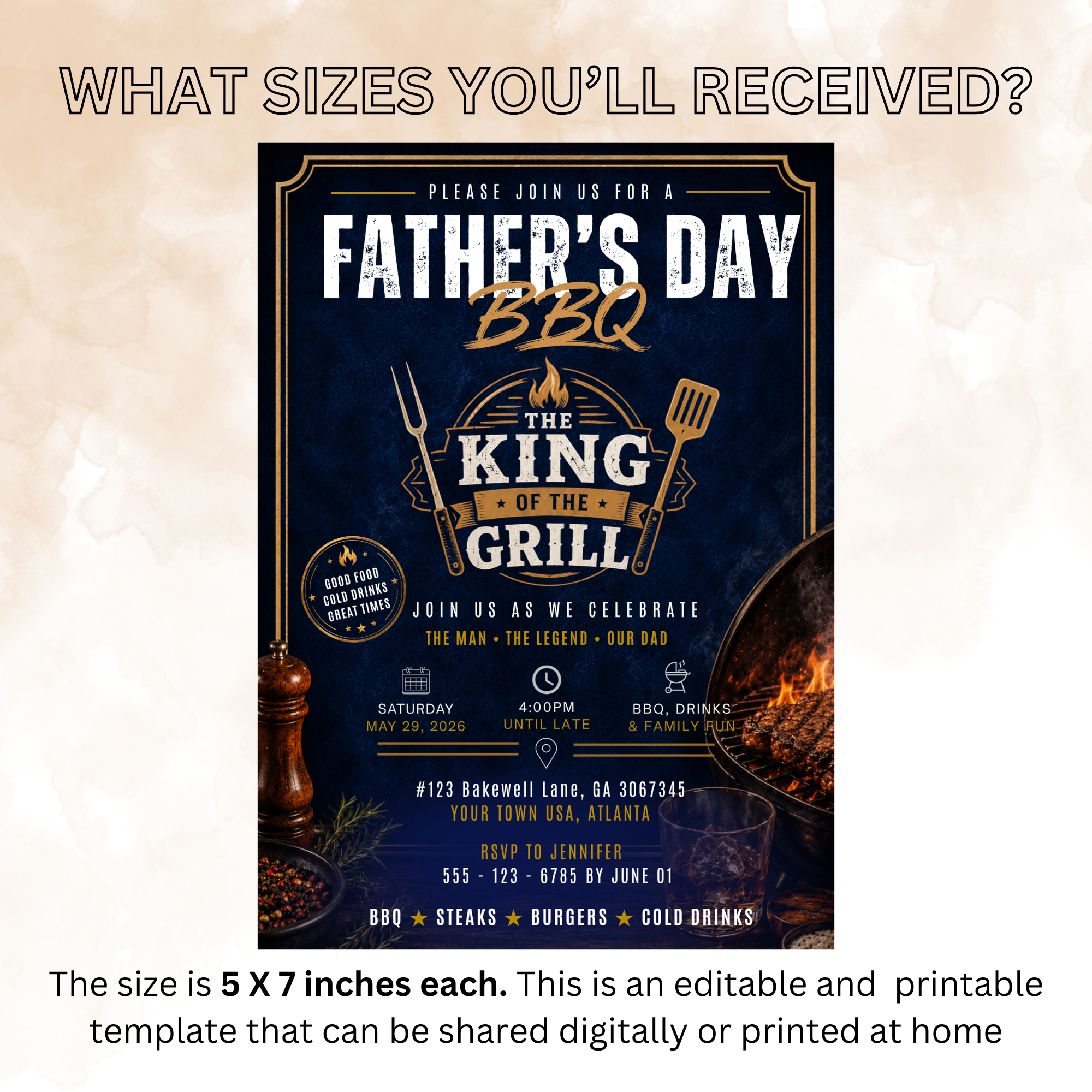 Father’s Day BBQ Party Invitation, Dad Barbecue Cookout Invite, Summer Grill Party Invite, Blue Editable Canva Printable Digital Template