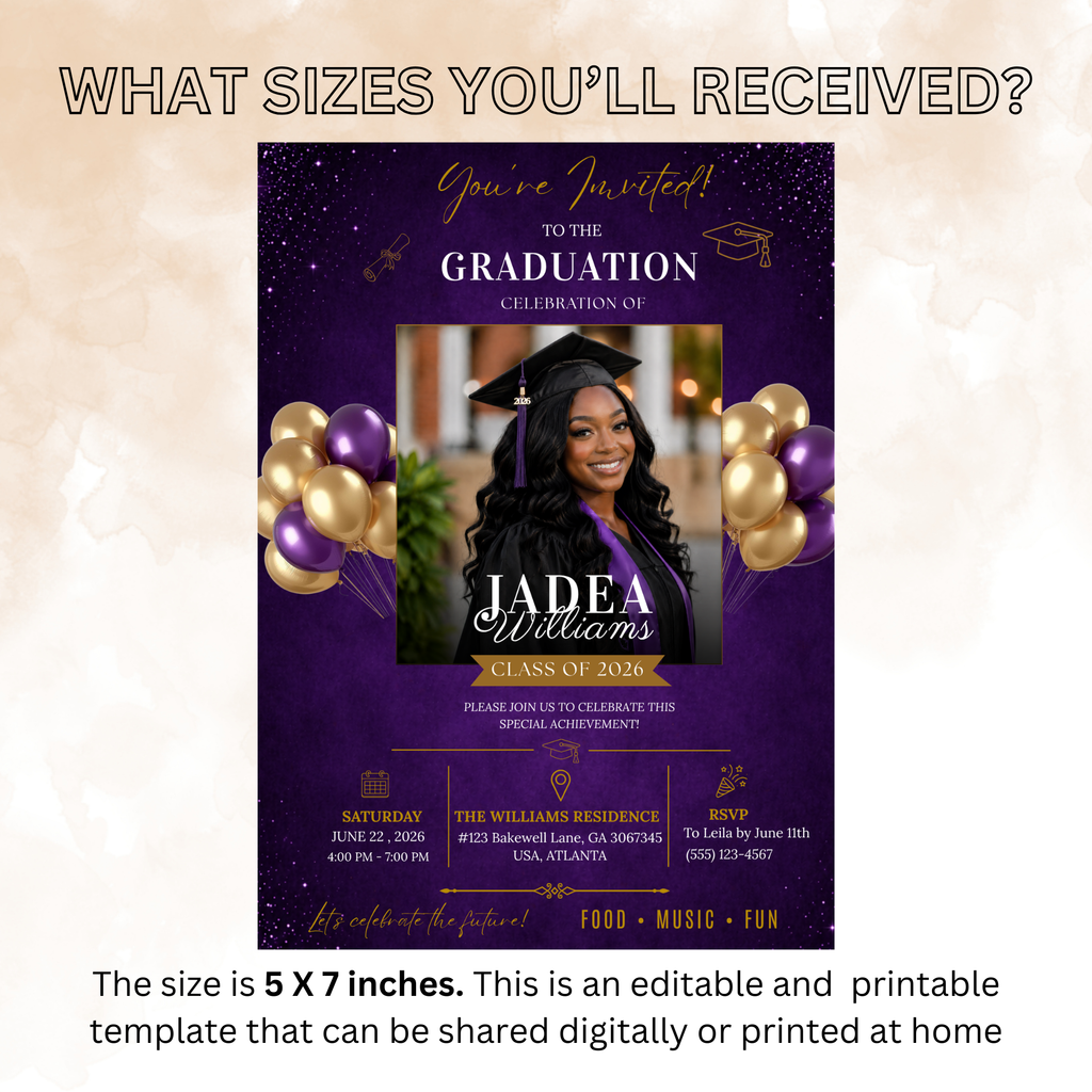 Purple Graduation Announcement Invitation with Photo, Class of 2026 Grad Party Invite for Him and Her High School College Editable Printable