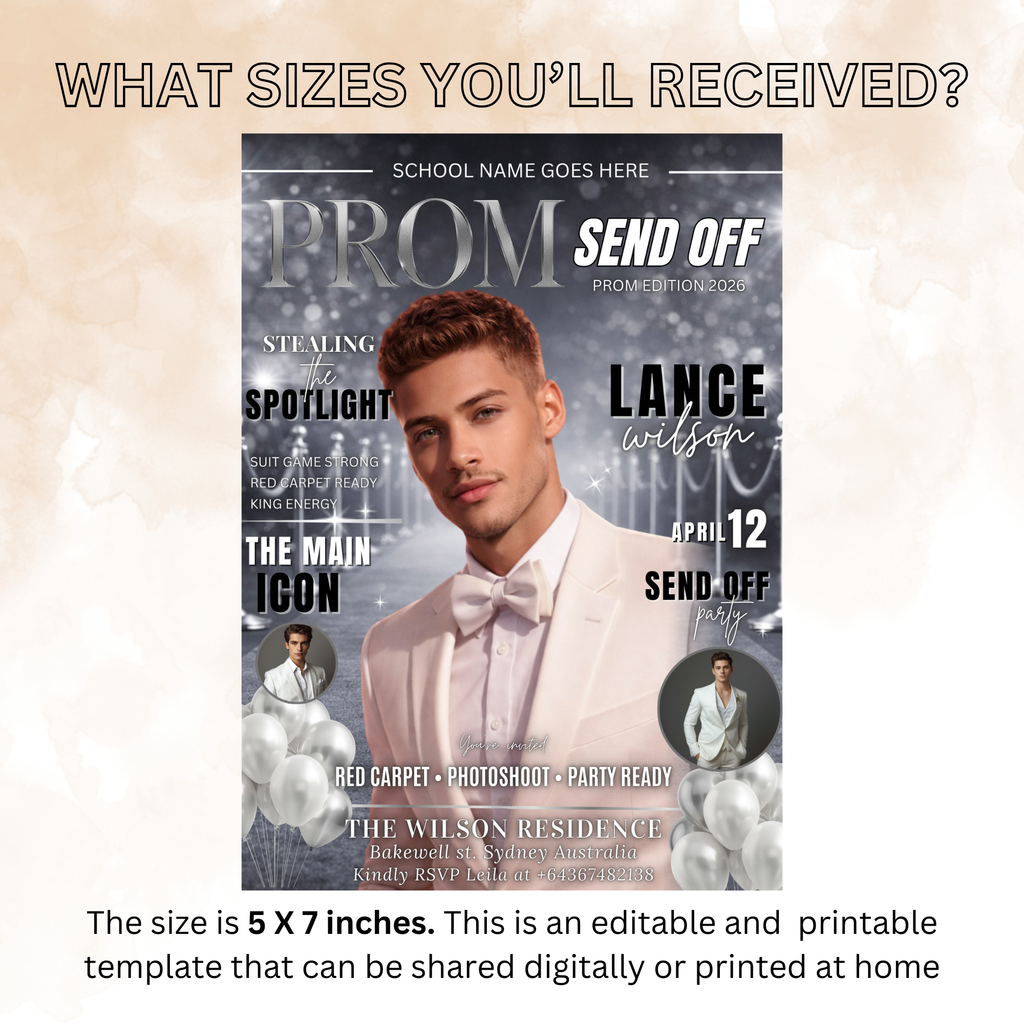 White Silver Prom Send Off Party Invitation, Prom King with photo invite, Boys Prom Night Flyer, High School Prom Digital Printable Template