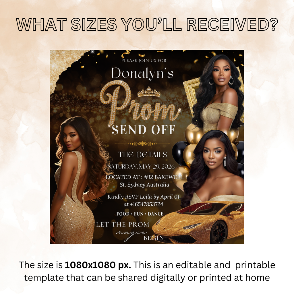 Black Gold Prom Send Off Party Invitation, Prom Queen with photo invite, Woman Prom Night Flyer, Elegant Prom, Digital Printable Template