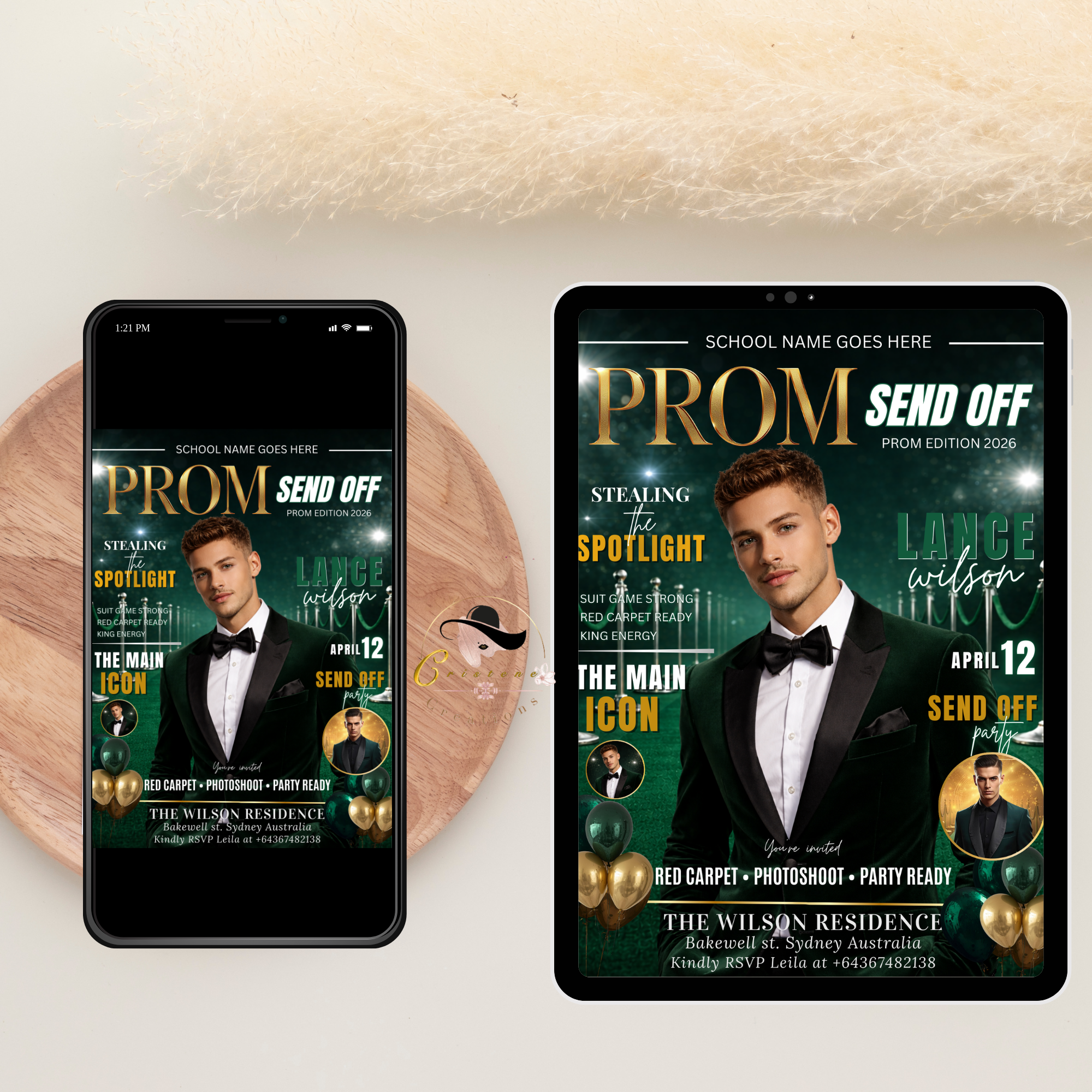 Boy Prom Send Off Party Invitation, Prom King with photo invite, Green Prom Night Flyer Card, High School Prom Digital Printable Template