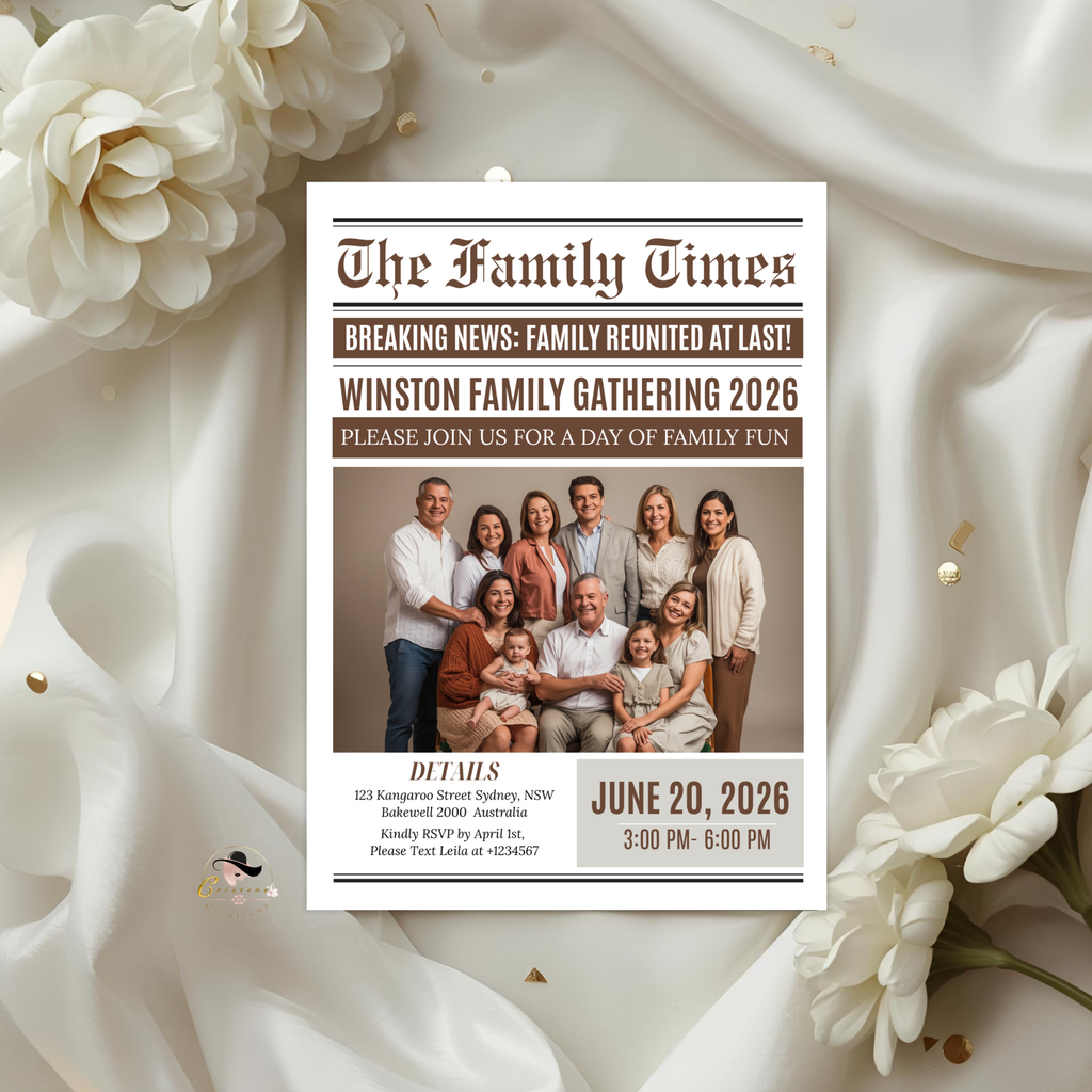 Newspaper Family Reunion Invitation with Photo, Family Gathering Party Invite, Brunch Dinner Printable Editable Digital Canva Template