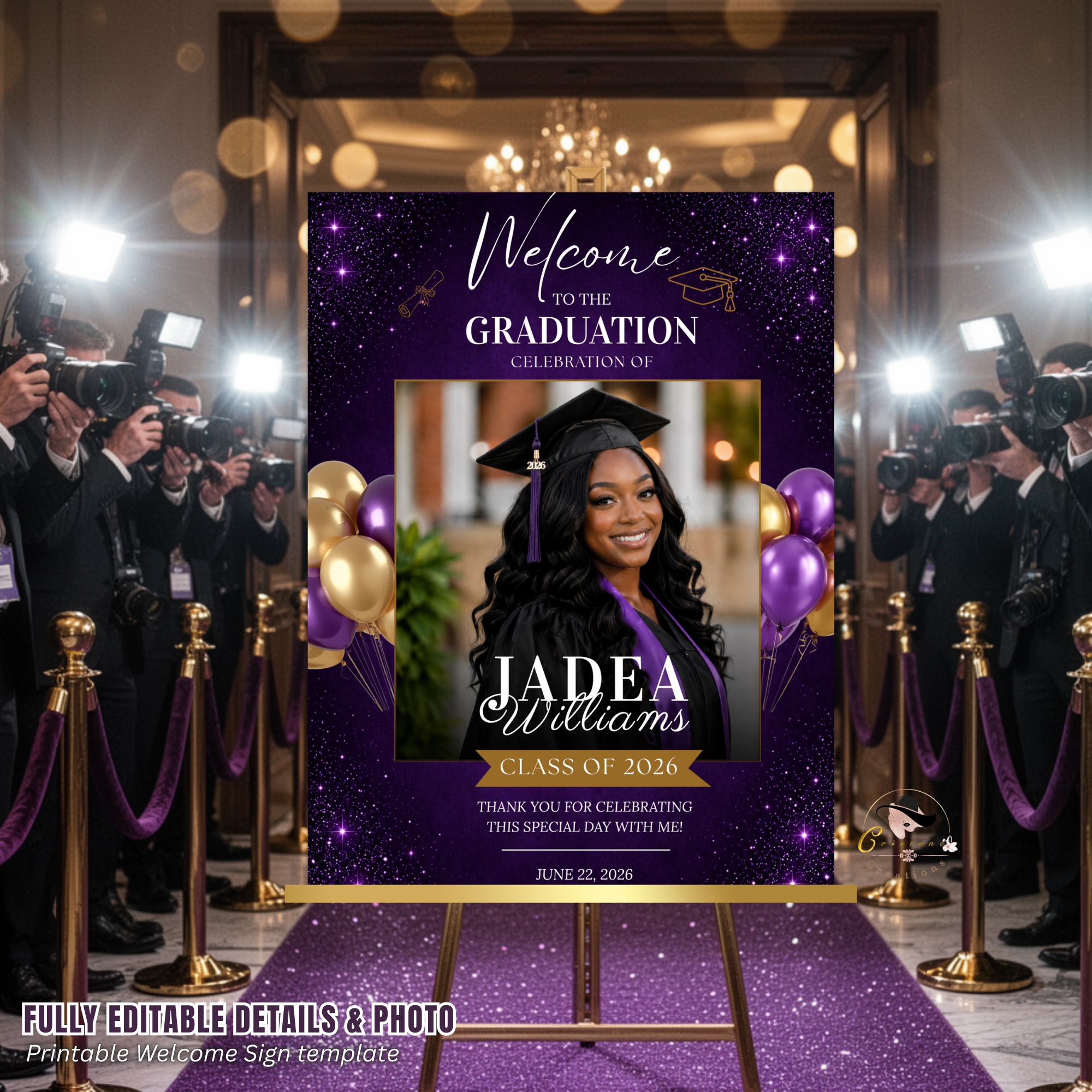 Purple Graduation Party Welcome Sign with Photo, High School College Grad Dinner Brunch Sign for him and her, Editable Printable Template