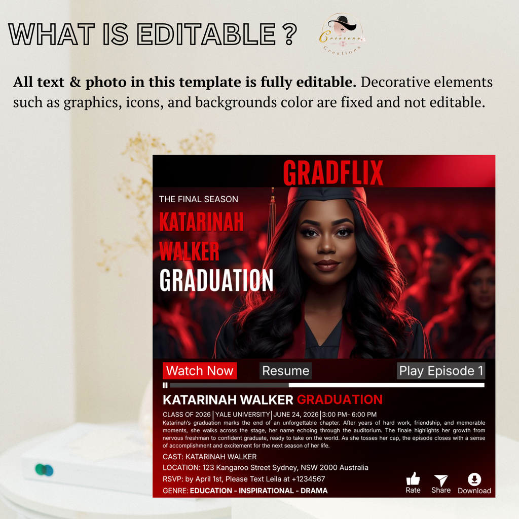 Red Movie Theme Graduation Invitation with Photo for Him and Her, Cinematic Grad Party Announcement Invite, Class of 2026 Canva Template