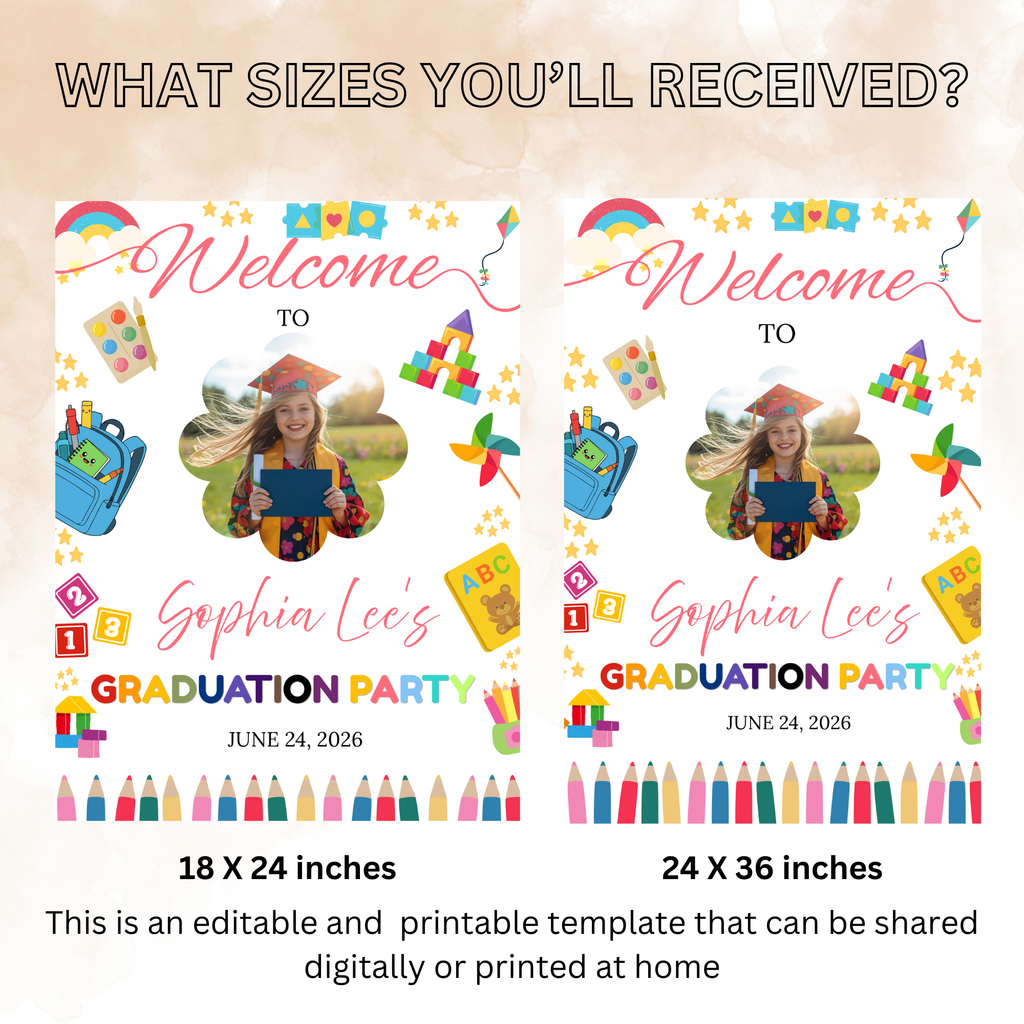 Preschool Graduation Welcome Sign with Photo, Pre-K Kindergarten Class of 2026 Party Poster, Kids Grad Editable Canva Printable Template