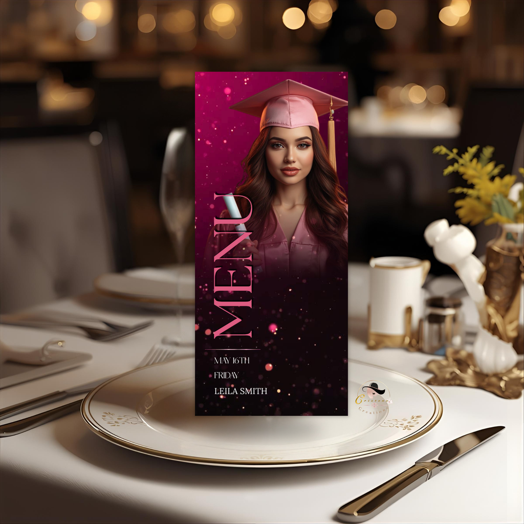 Pink Graduation Dinner Menu Template with Photo, Senior Grad Brunch Menu Card, Class of 2026 Party Menu for Her, Canva Printable