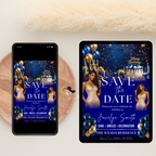 Save the Date Birthday Invitation, Blue Gold Save Date Party with photo Invite, Elegant Dinner Event Card, Printable Digital Template