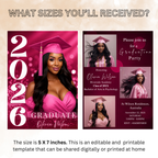 Pink Graduation Invitation with Photo for Her, Class of 2026 Grad Announcement Invite, College High School Printable Editable Canva Template
