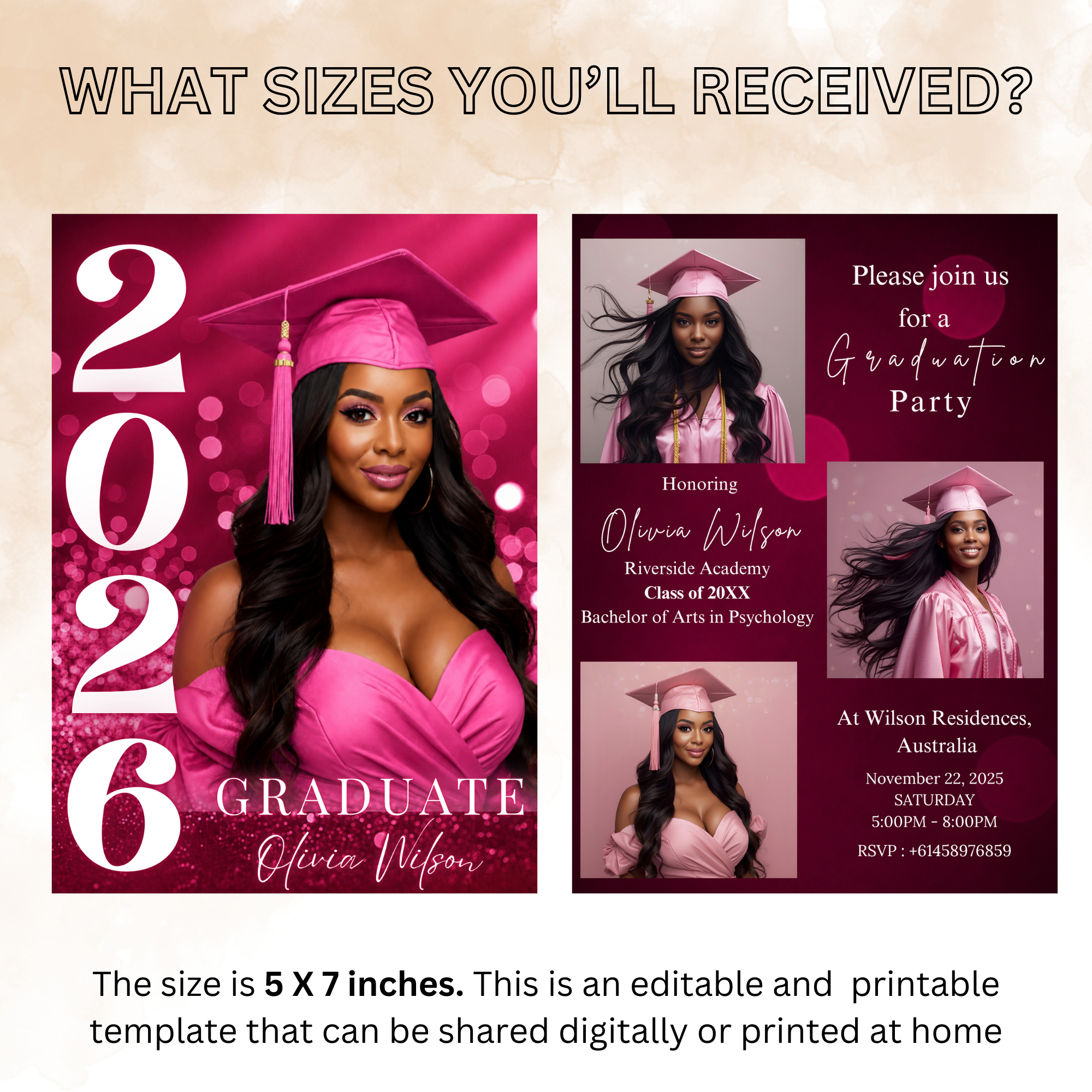 Pink Graduation Invitation with Photo for Her, Class of 2026 Grad Announcement Invite, College High School Printable Editable Canva Template