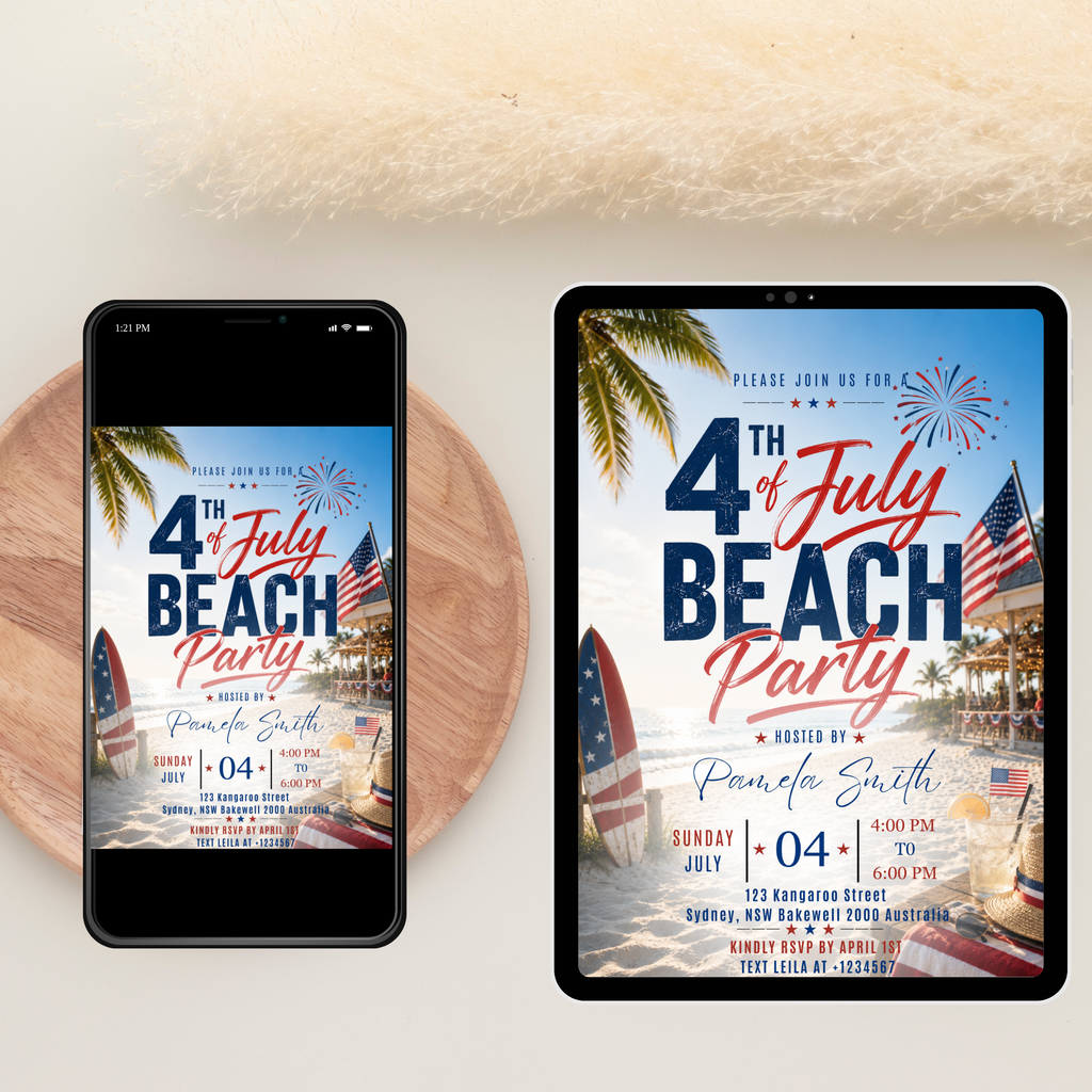 Beach Party 4th of July Invitation, USA Independence Day Summer Party Invite, Tropical Birthday Celebration Editable Digital Canva Template