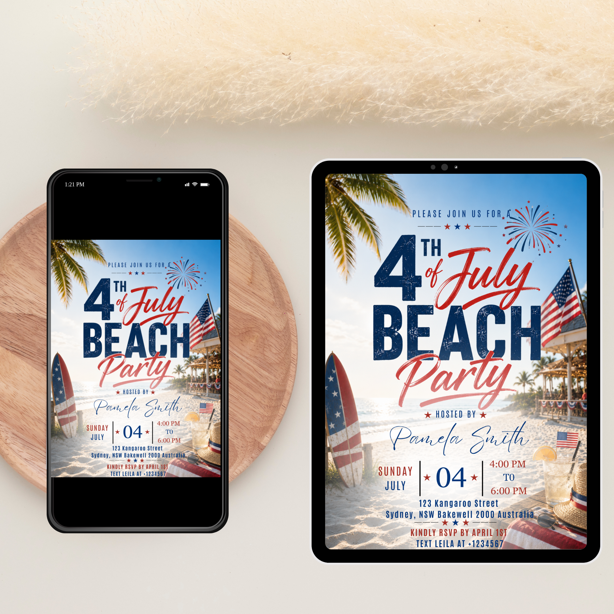 Beach Party 4th of July Invitation, USA Independence Day Summer Party Invite, Tropical Birthday Celebration Editable Digital Canva Template