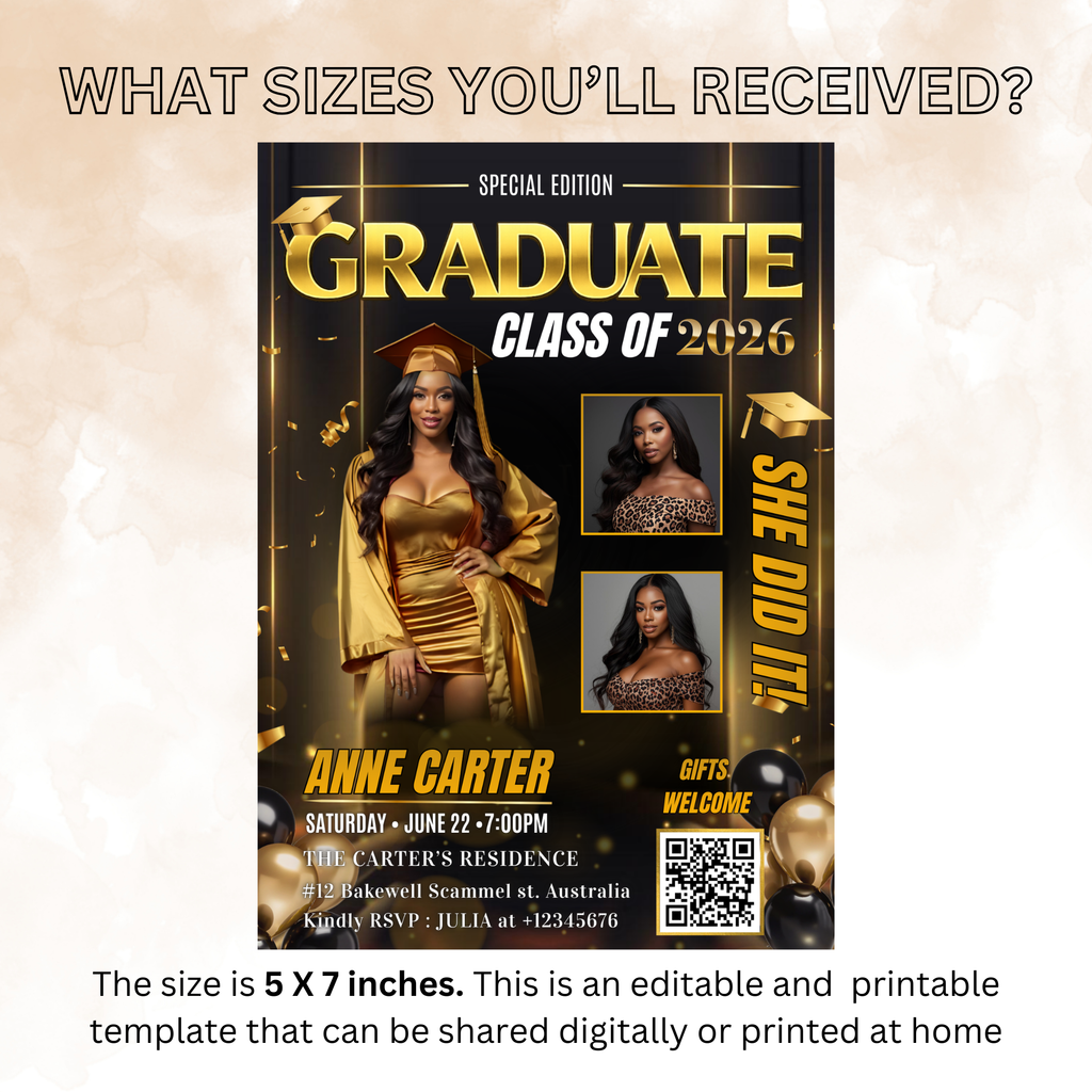 Graduation Announcement 2026 Invitation, Senior Grad Party with photo invite, Woman College High school Graduates, Black gold Flyer Template