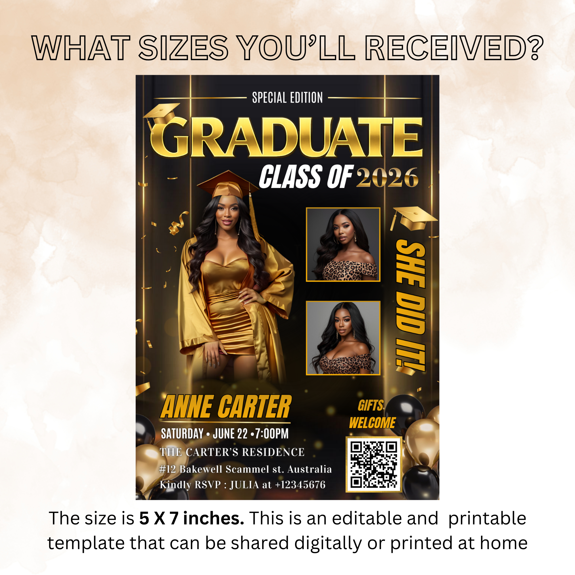 Graduation Announcement 2026 Invitation, Senior Grad Party with photo invite, Woman College High school Graduates, Black gold Flyer Template