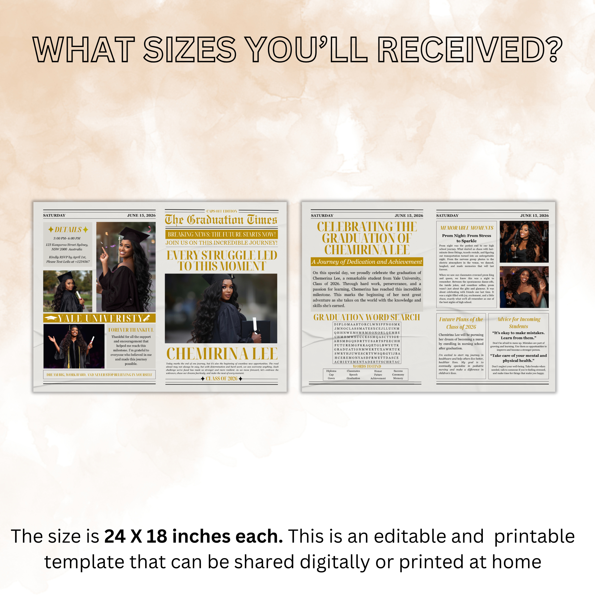Graduation Announcement Newspaper Template with Photo, Class of 2026 for Boys and Girls, Senior Grad Invite, Gold Editable Printable Canva
