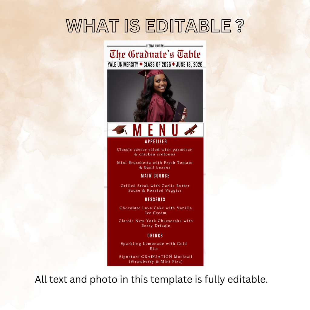Newspaper Graduation Menu Template, Class of 2026 Grad Party Dinner Menu Card For Him and Her, Maroon Graduates Menu, Printable Canva
