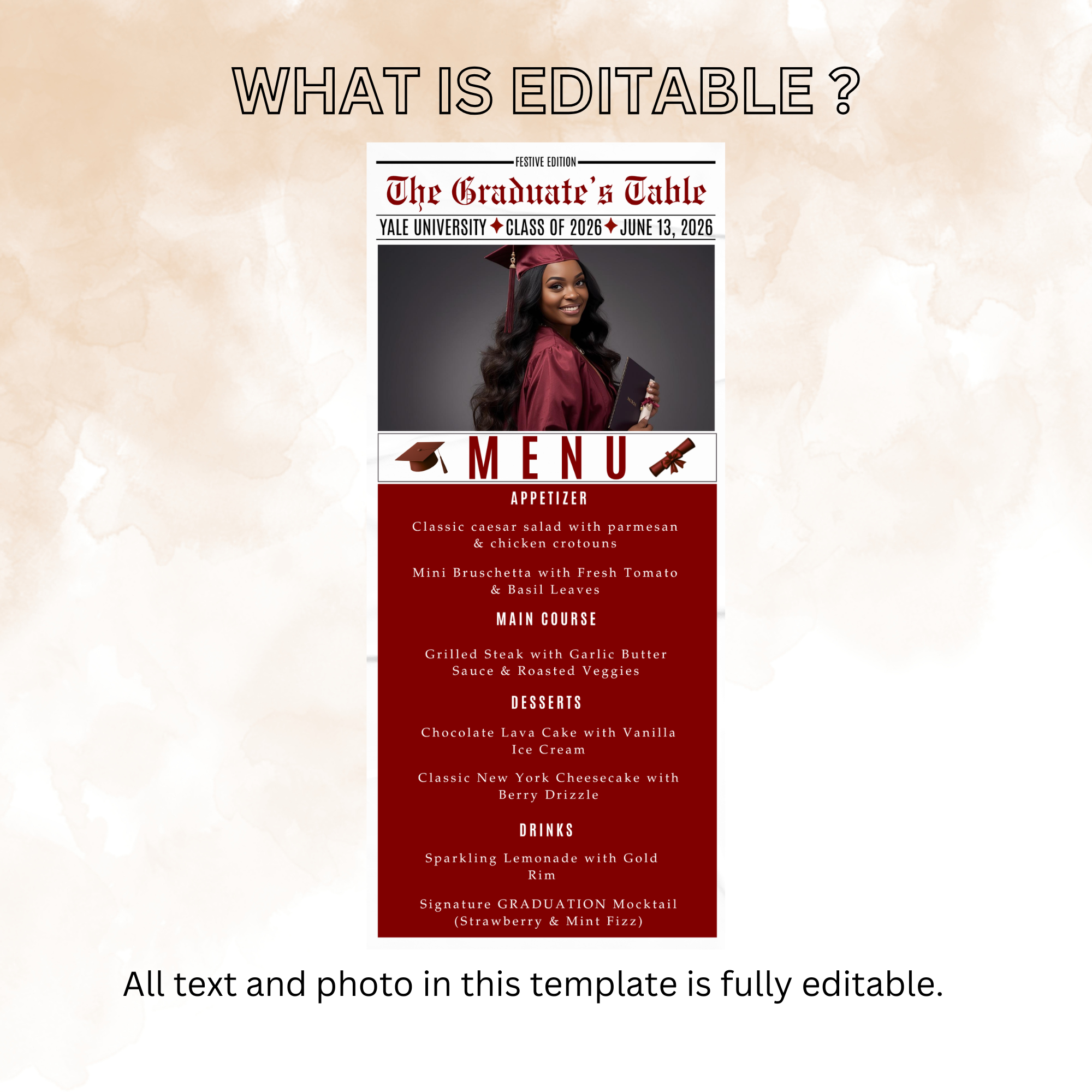 Newspaper Graduation Menu Template, Class of 2026 Grad Party Dinner Menu Card For Him and Her, Maroon Graduates Menu, Printable Canva
