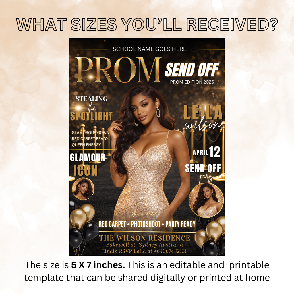 Black Gold Prom Send Off Invitation, Prom Queen with photo invite, Girls Prom Night Party Flyer, Magazine Cover, Digital Printable Template