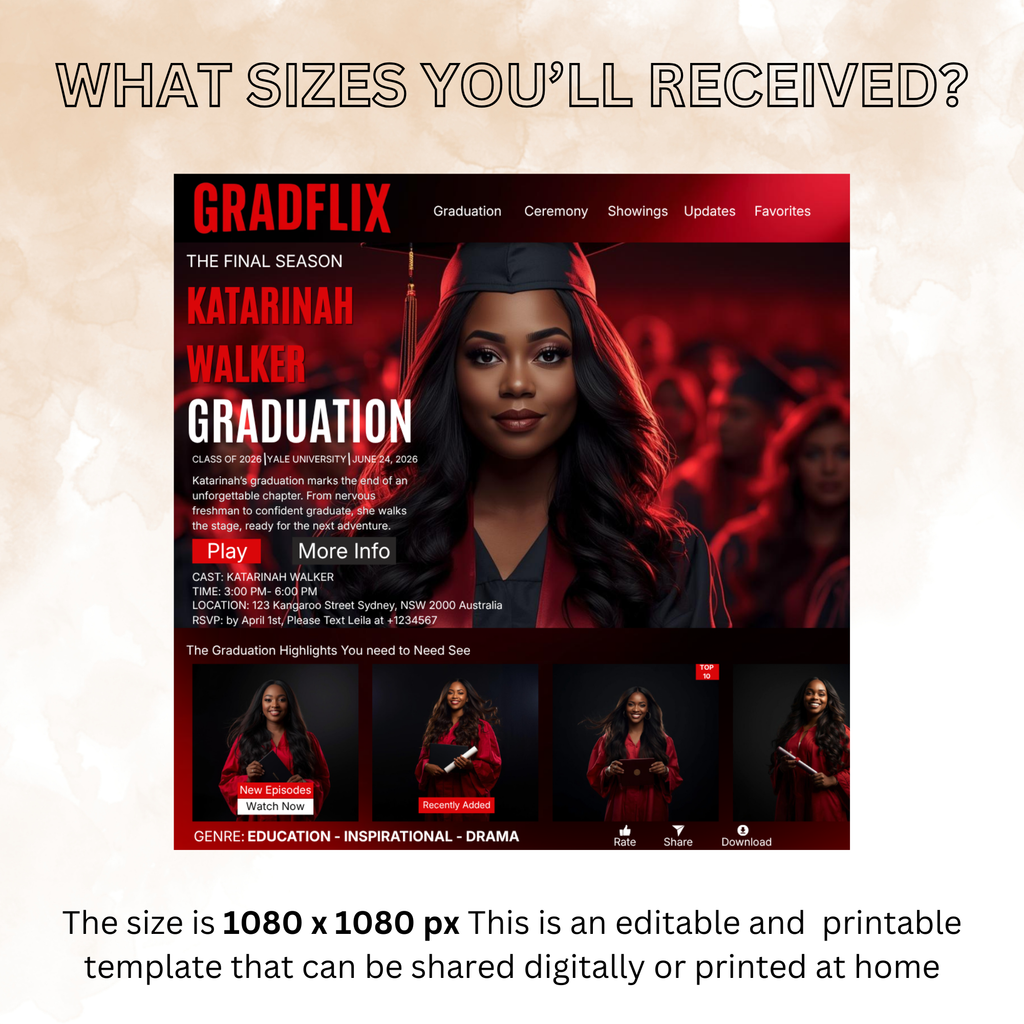 Graduation Invitation with Photo Movie Theme, Red Streaming Style Grad Party Invite, Class of 2026 Flyer, Editable Canva Printable Template