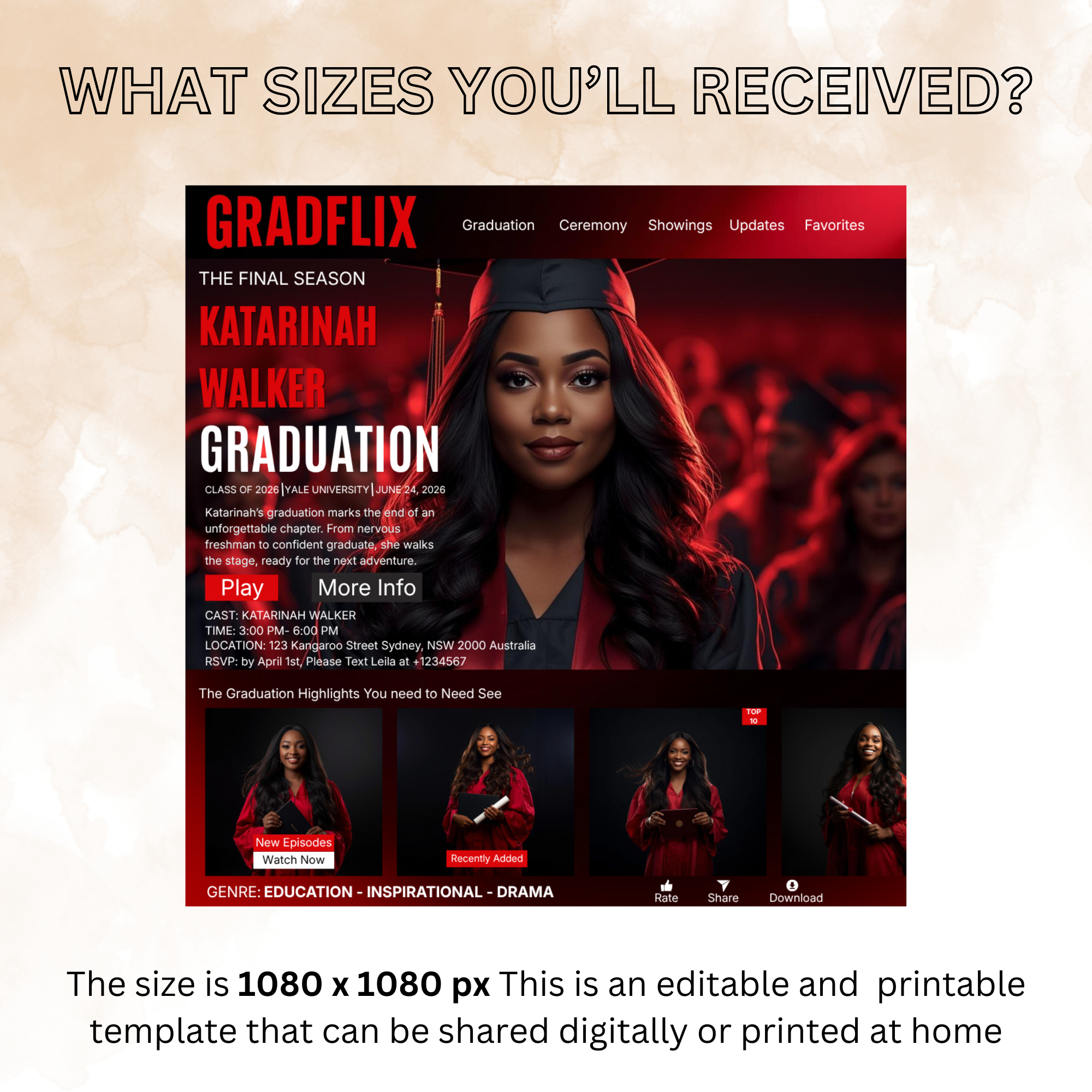 Graduation Invitation with Photo Movie Theme, Red Streaming Style Grad Party Invite, Class of 2026 Flyer, Editable Canva Printable Template