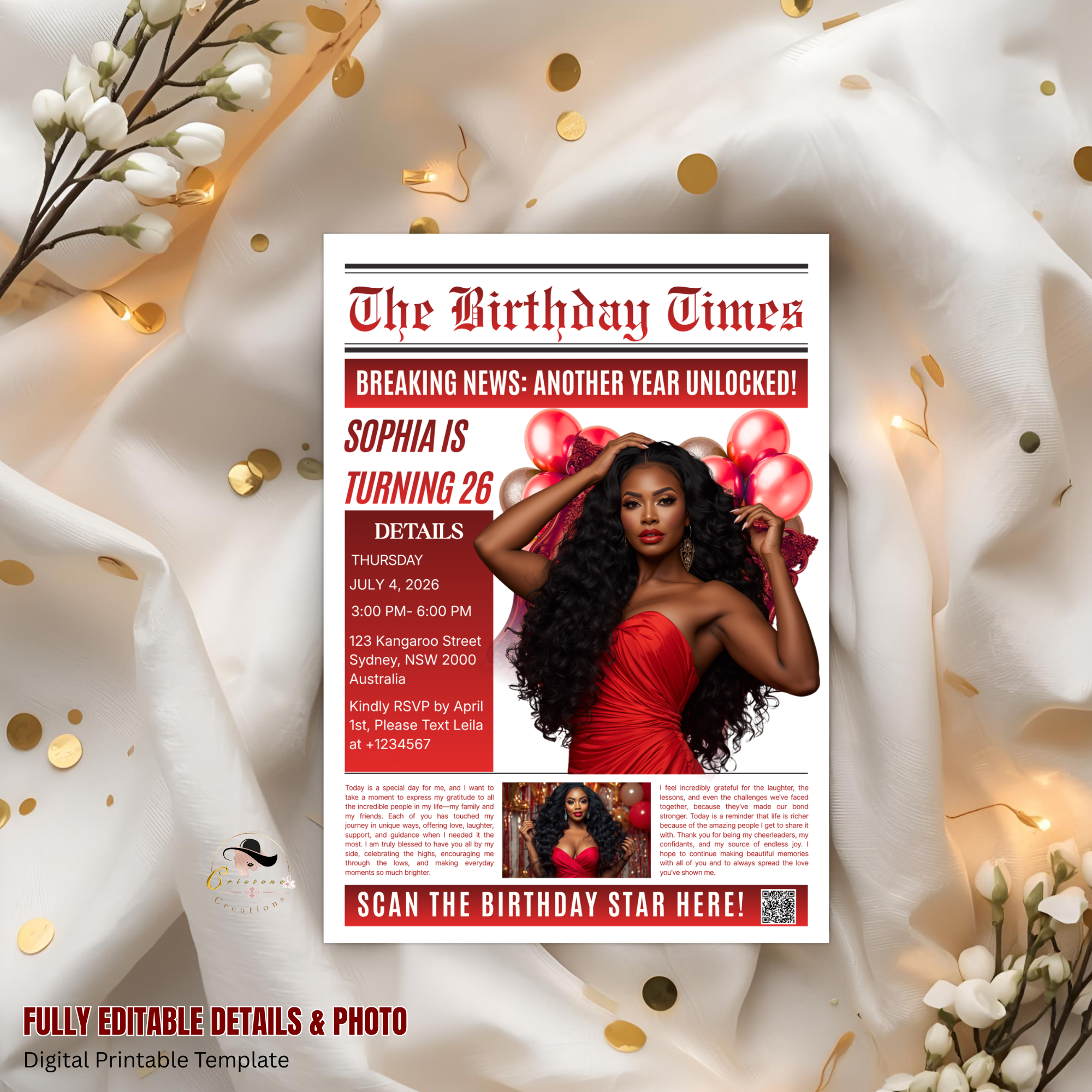 Red Newspaper Birthday Invitation with Photo, Birthday Dinner & Brunch Party Invite for Him Her, Adult Celebration Editable Canva Template