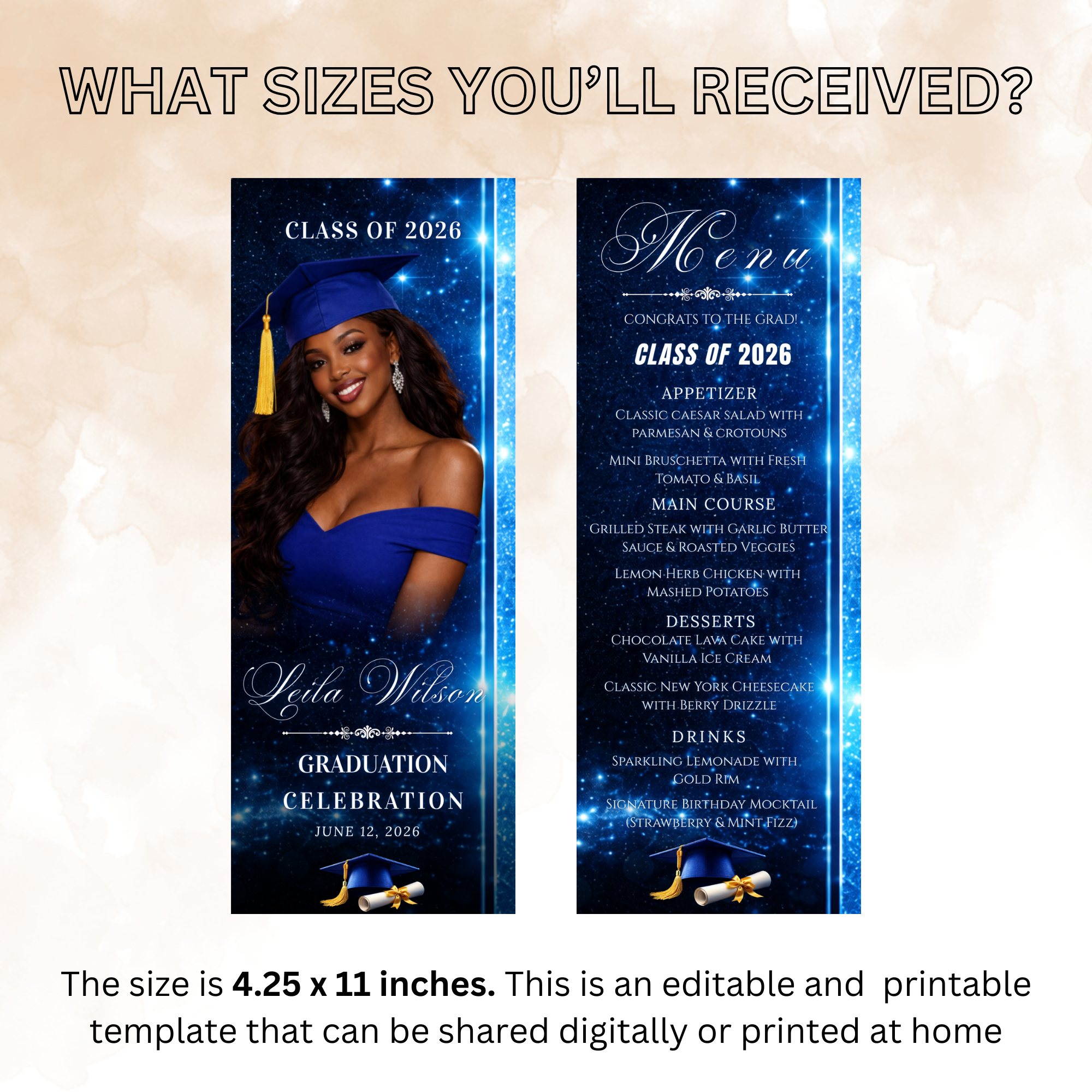 Blue Graduation Menu with Photo, Senior Grad Party Menu, Class of 2026 Dinner Menu Template, Girl Boy Menu, Printable Editable Canva