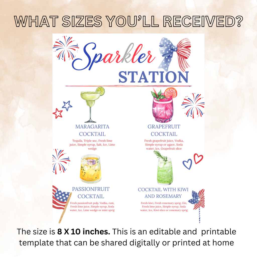 4th of July Signature Drinks Bar Menu Sign, Patriotic Red White Blue, Fourth of July Cocktails Sign Printable Canva Template