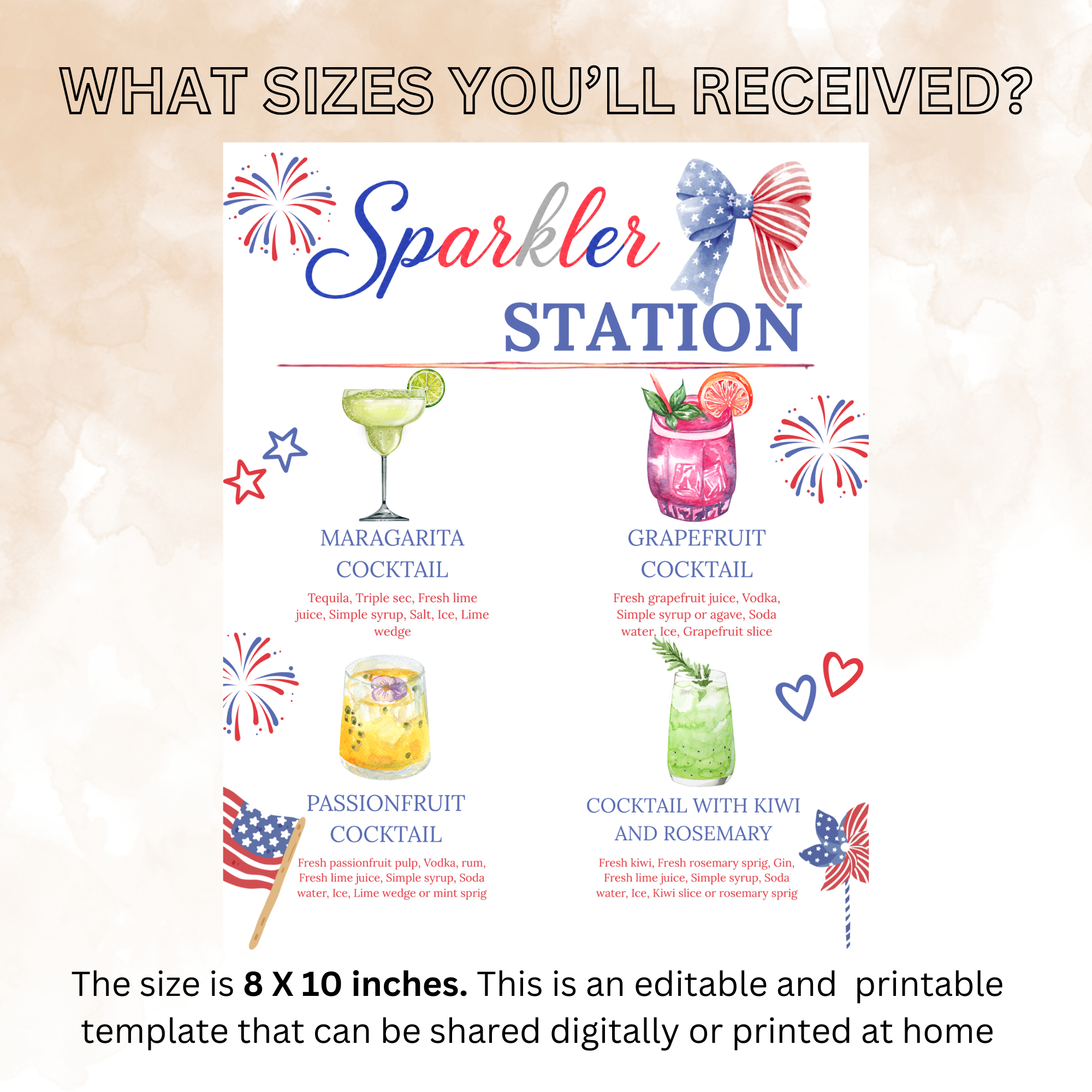 4th of July Signature Drinks Bar Menu Sign, Patriotic Red White Blue, Fourth of July Cocktails Sign Printable Canva Template