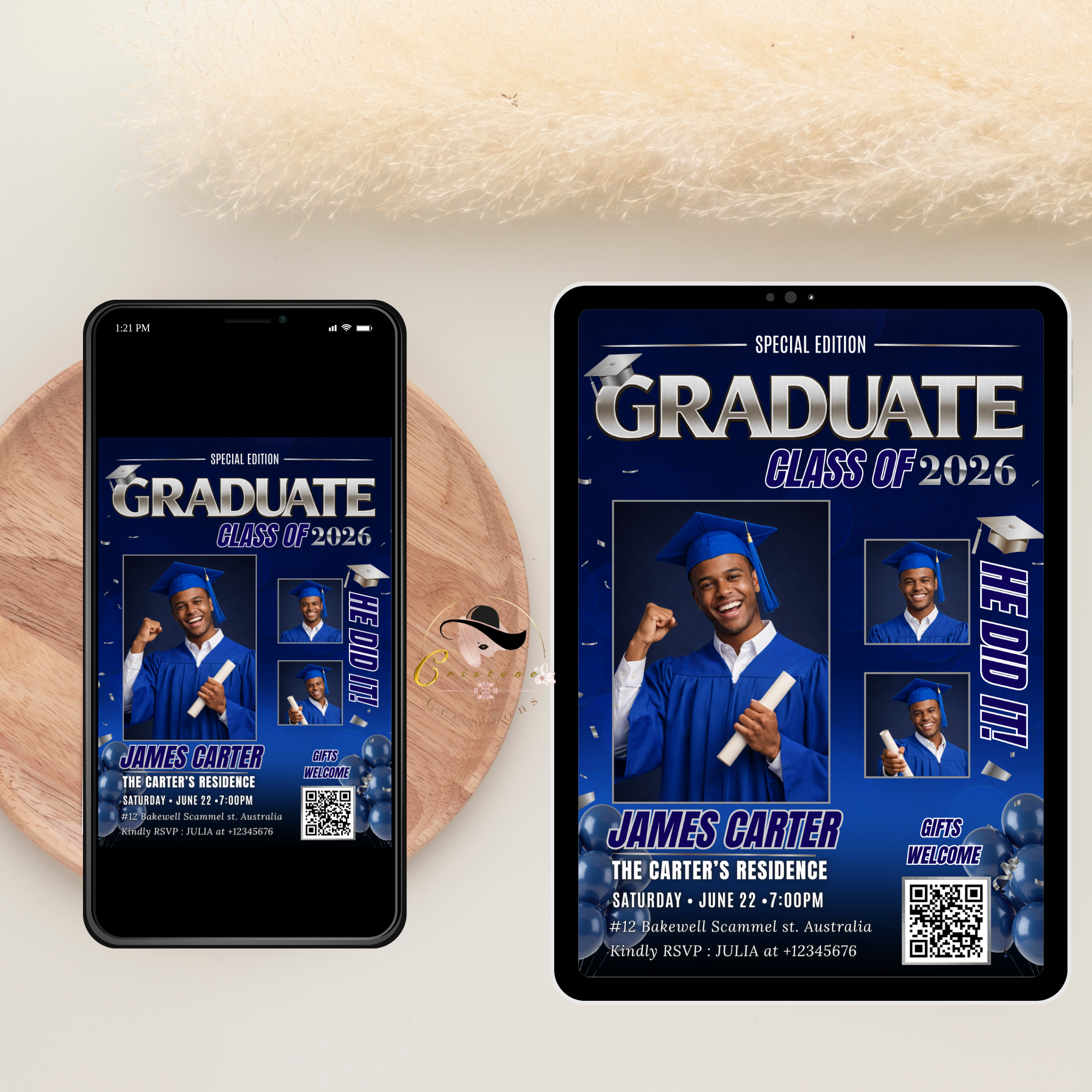 Blue Graduation Invitation, Boy Senior Grad Party with photos invite, Male College High school Graduates Announcement Card Flyer Template