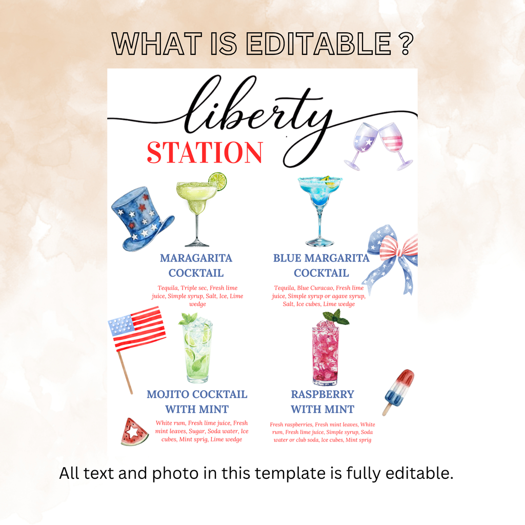 4th of July Drink Menu Sign, Patriotic Signature Drinks, Fourth Of July Cocktails Sign, Red White Blue Printable Template