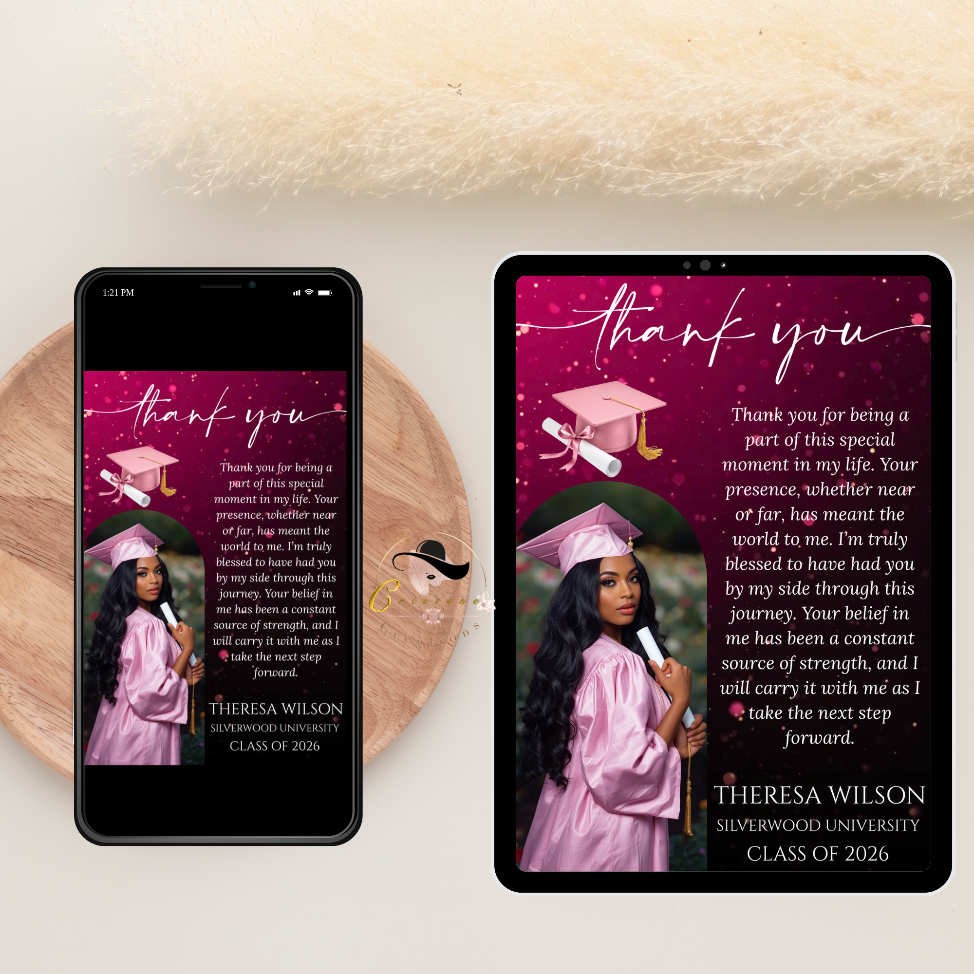 Pink Graduation Thank You Card with Photo, Class of 2026 Grad Party Thank You Note for Her, Graduates Editable Printable Digital Template