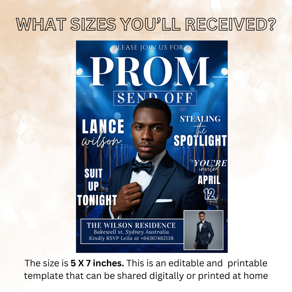 Blue Prom Send Off Invitation, Prom King Party with photo invite, Teen Boy Prom Night Flyer, Magazine Style Digital Printable Template