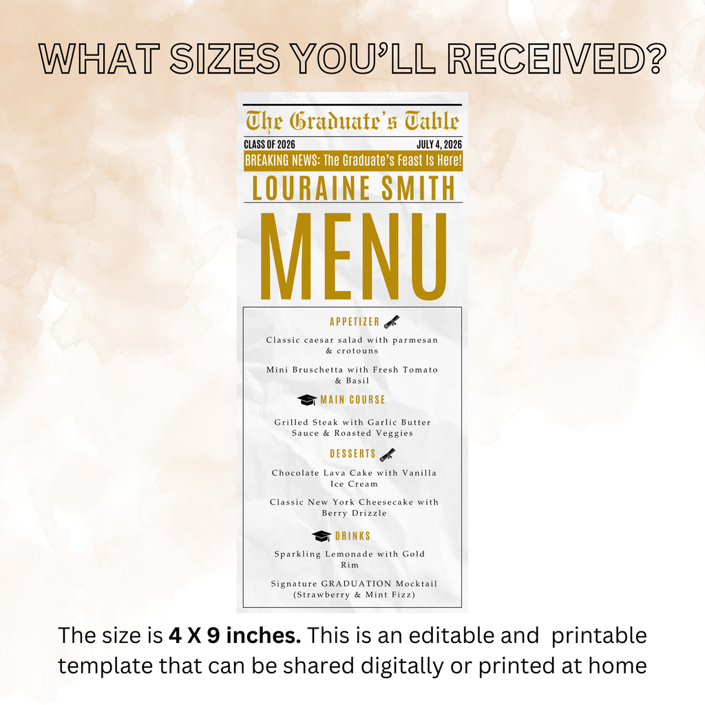 Graduation Newspaper Menu Template, Editable Grad Dinner or Brunch Menu, Class of 2026 Printable for Him and Her, White Gold Menu