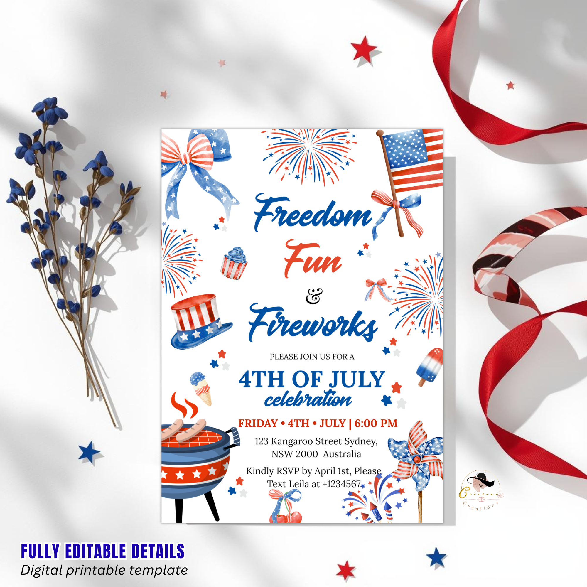 4th of July Invitation, Fourth of July BBQ invite, USA Independence day, Patriotic Invite, Red White Blue, Digital Printable template