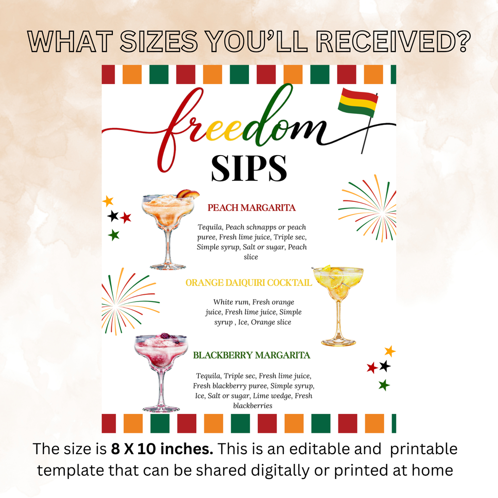 Juneteenth Drink Menu Sign, Emancipation Day Signature Cocktails Bar Menu, June 19th Party Cocktails Sign, Printable Canva Template