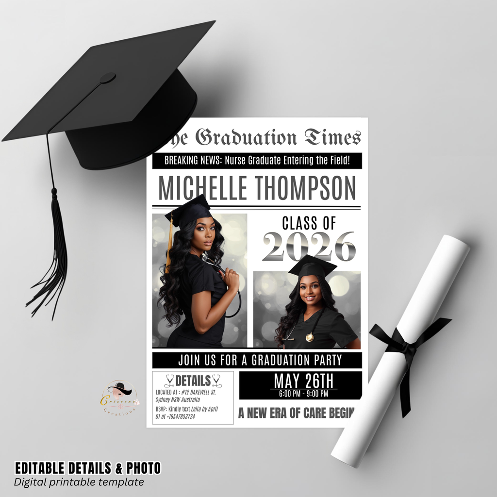 Newspaper Nurse Graduation Announcement Invitation, RN Pinning Ceremony with photo invite, LPN Nursing Graduates, 2026 BSN Flyer Template
